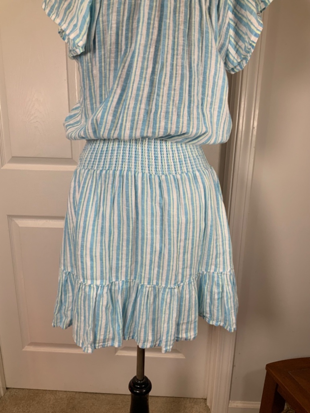 Rails Augustine Laguna Blue Stripe Linen Smocked Tiered Mini Dress Size Medium - Picture 7 of 9